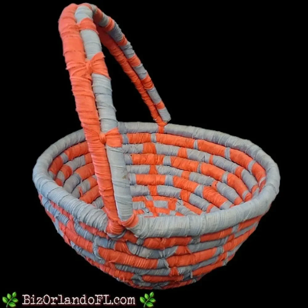 VINTAGE: Set of 2 Matching Nested Coiled Rope Basket in Coral & Blue Colors RARE